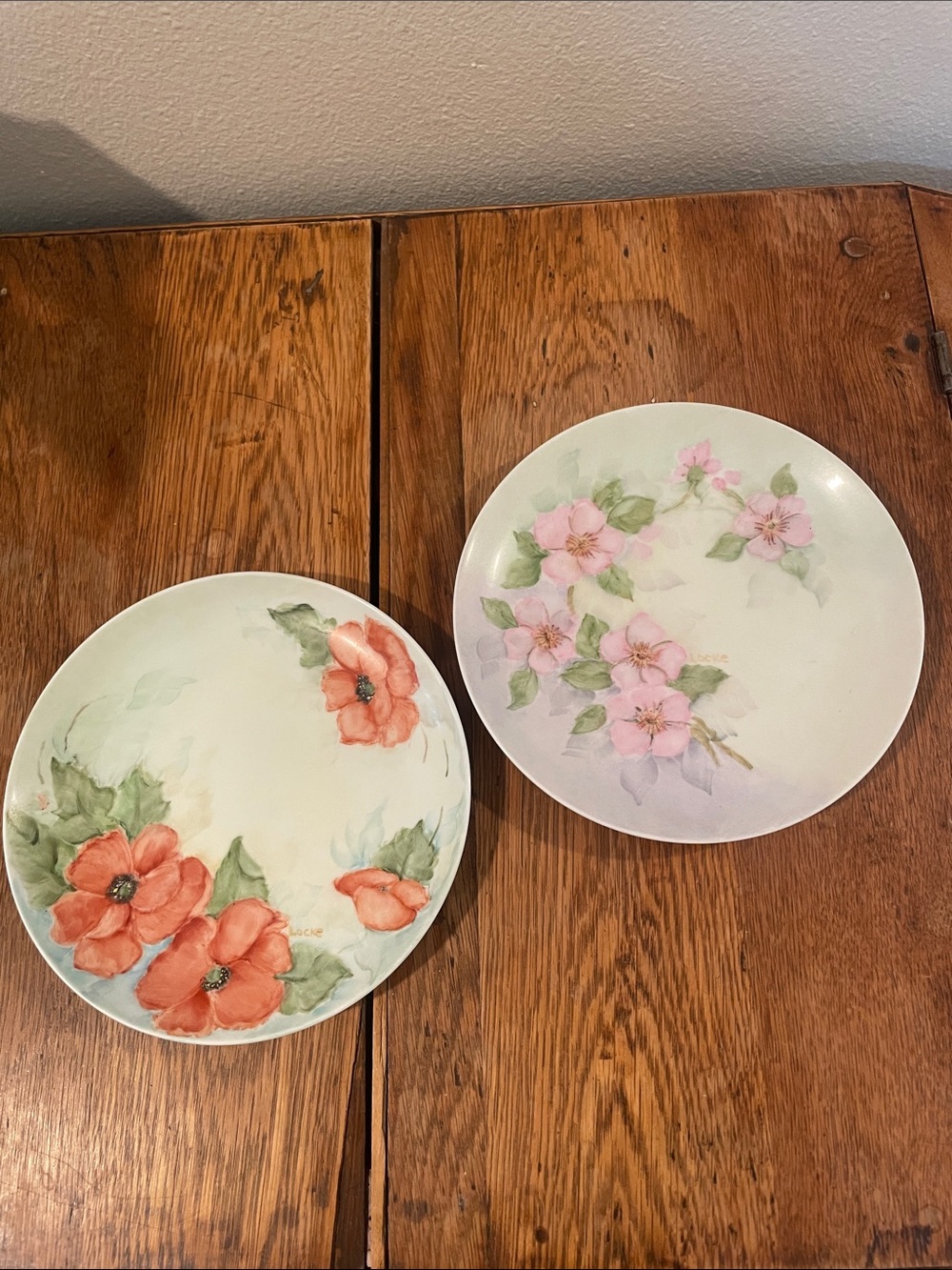 Vintage Signed Locke Hand-Painted Porcelain Plates Set of 2–Roses & Poppies–7.5"